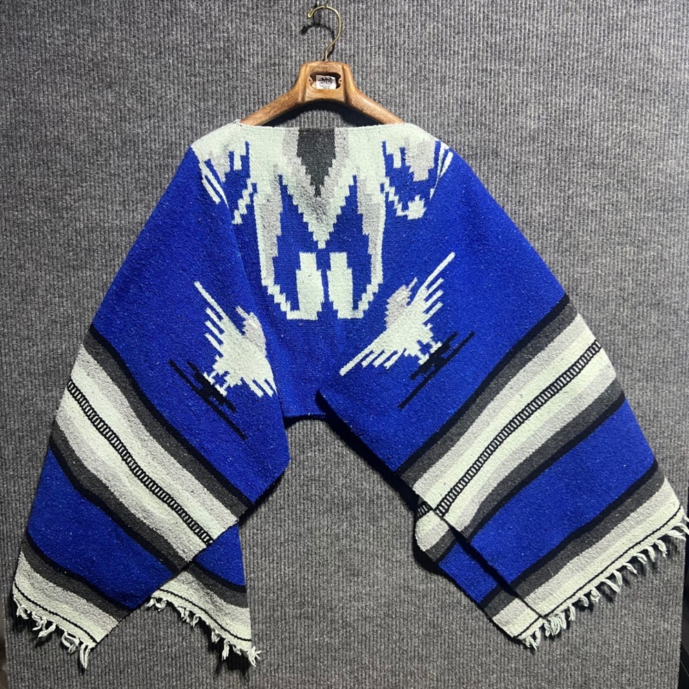 Vintage 70s Handwoven Wool Poncho Blue Thunderbird Southwestern Blanket Mexican